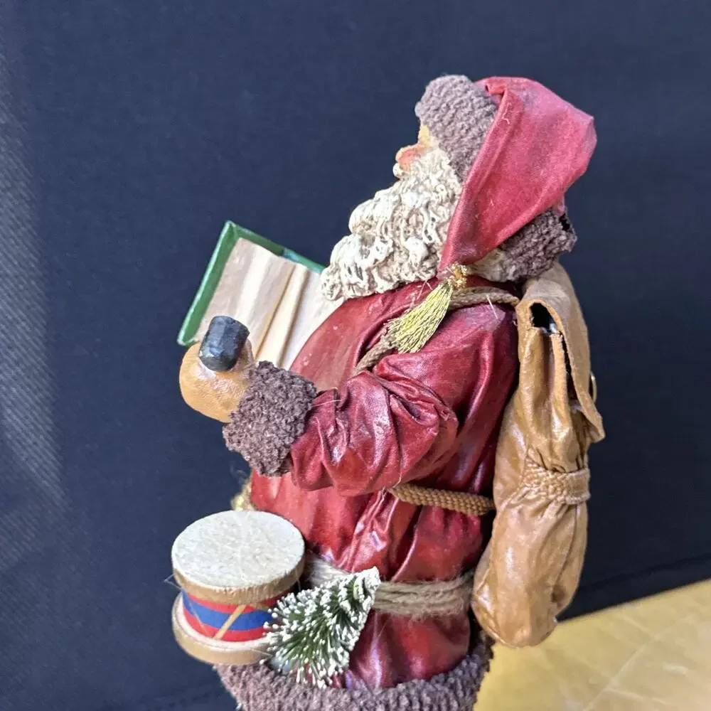 Kurt Adler Santa’s World Fabric Mache 10.5” Burgundy Santa w/ Toys & Box VTG